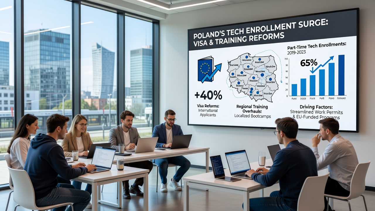 Regional tech training facility in Poland with students using hybrid learning equipment