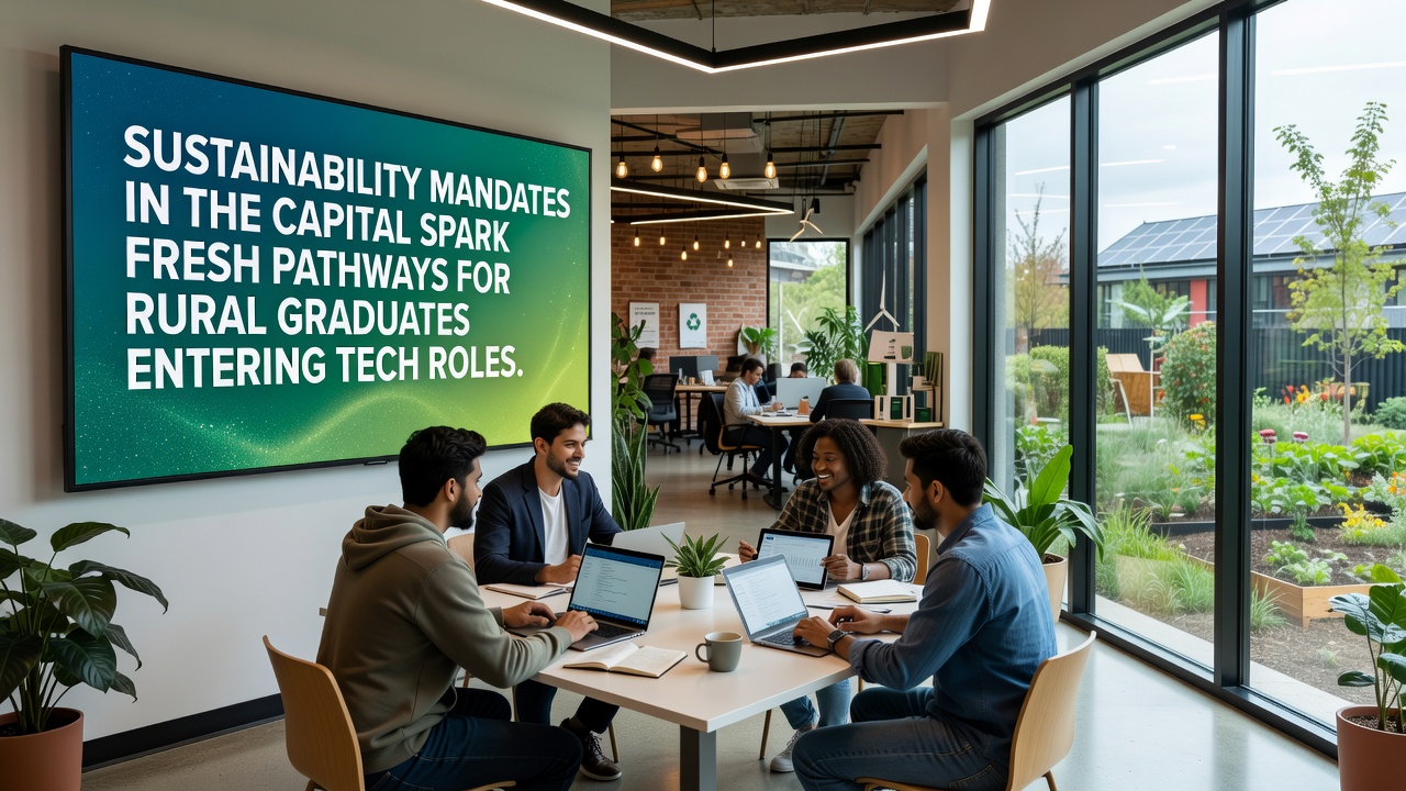 Group of rural tech graduates discussing sustainable solutions in a modern capital office environment